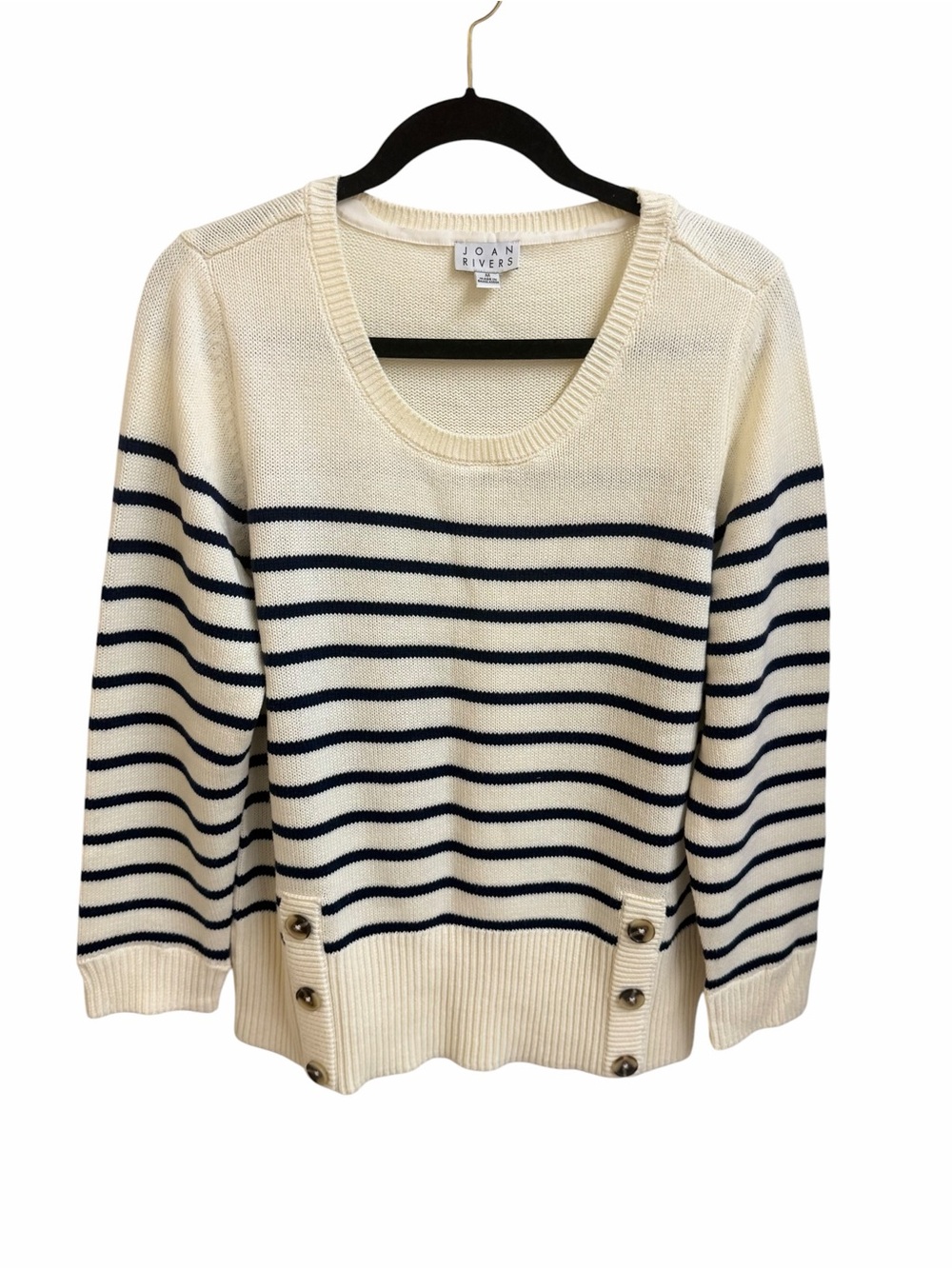 Joan Rivers Cream Sweater with Navy Stripes and Button Hem